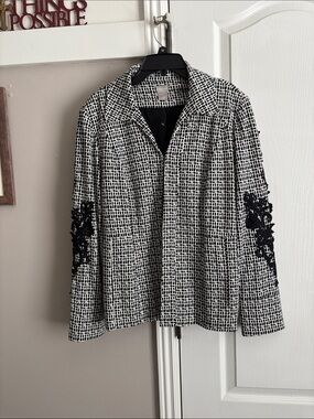 Chico's Black & White Grid Blazer with Black Embroidered Sleeves